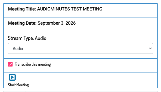 The portal's meeting controls: meeting title, date, stream type, and a ticked Transcribe this meeting checkbox above Start Meeting.