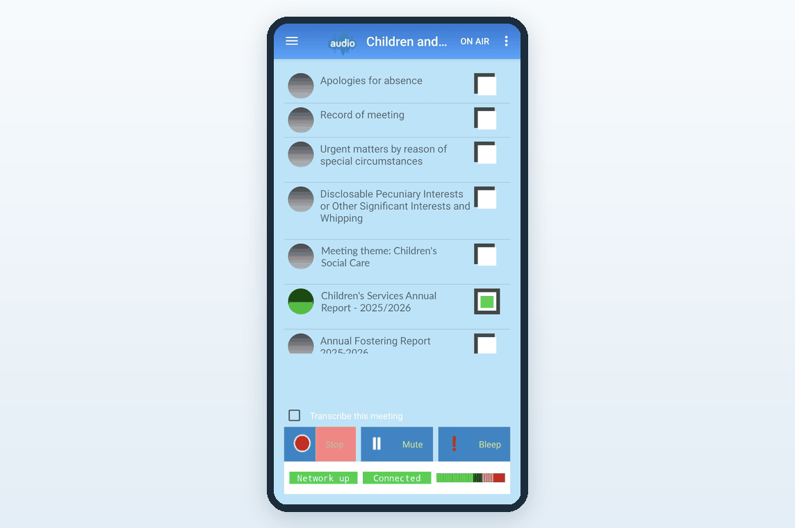The control app on a tablet, used by the clerk to run the broadcast