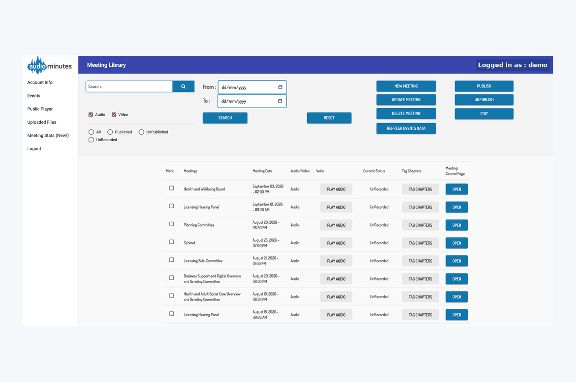 The portal meeting list, showing scheduled and live meetings