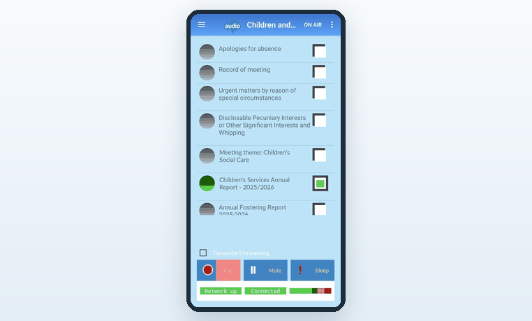 The control app on a tablet, used by the clerk to run the broadcast