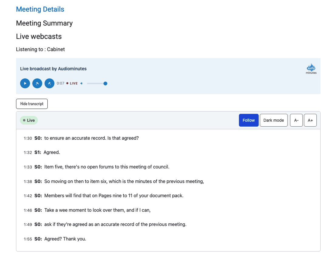 The Audiominutes player embedded in a council web page during a live meeting, with the live transcript running below it