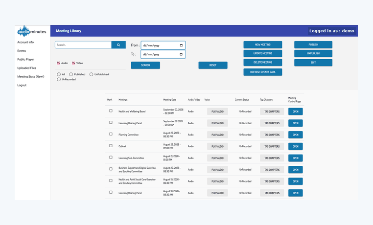 The portal meeting list, showing scheduled and live meetings